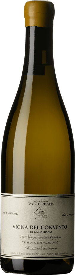En glasflaska med Vigna del Convento di Capestrano 2020, ett vitt vin från Abruzzerna i Italien
