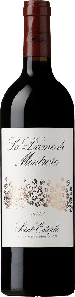 En glasflaska med La Dame de Montrose 2019, ett rött vin från Bordeaux i Frankrike