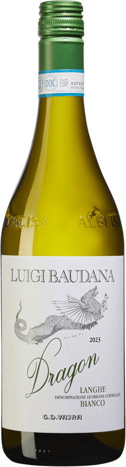En glasflaska med G.D. Vajra Luigi Baudana Langhe Bianco Dragon 2023, ett vitt vin från Piemonte i Italien