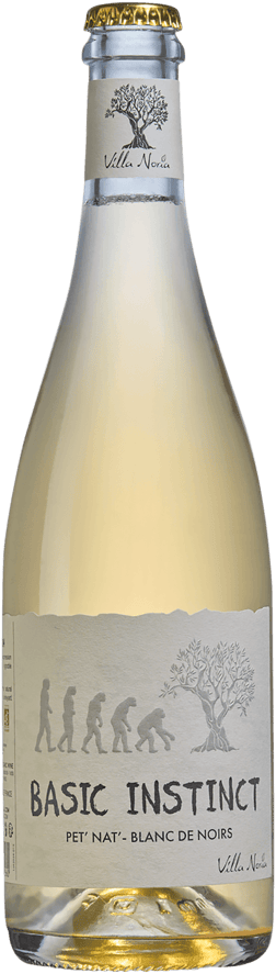 En glasflaska med Domaine Villa Noria Basic Instinct Pet Nat Blanc de Noirs 2023, ett vitt vin från Frankrike