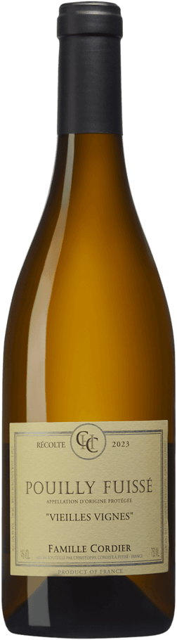 En glasflaska med Domaine Cordier Pouilly-Fuissé Vieilles Vignes 2023, ett vitt vin från Bourgogne i Frankrike