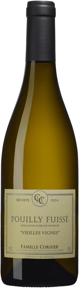 En glasflaska med Domaine Cordier Pouilly-Fuissé Vieilles Vignes 2023, ett vitt vin från Bourgogne i Frankrike