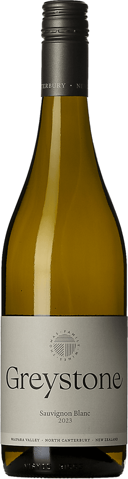 En lättare glasflaska med Greystone Barrel Ferment Sauvignon Blanc 2023, ett vitt vin från Canterbury i Nya Zeeland