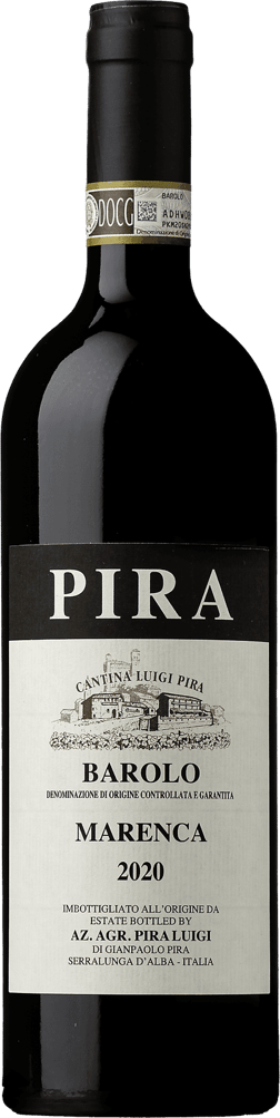 En glasflaska med Luigi Pira Barolo Marenca 2020, ett rött vin från Piemonte i Italien