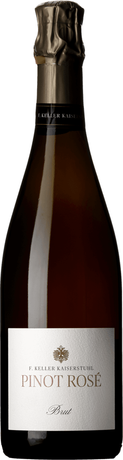 En glasflaska med Franz Keller Pinot Rosé Brut 2020, en mousserande från Tyskland