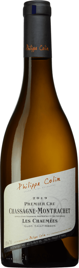En glasflaska med Philippe Colin Chassagne-Montrachet Premier Cru Les Chaumées Clos Saint-Abdon 2020, ett vitt vin från Bourgogne i Frankrike