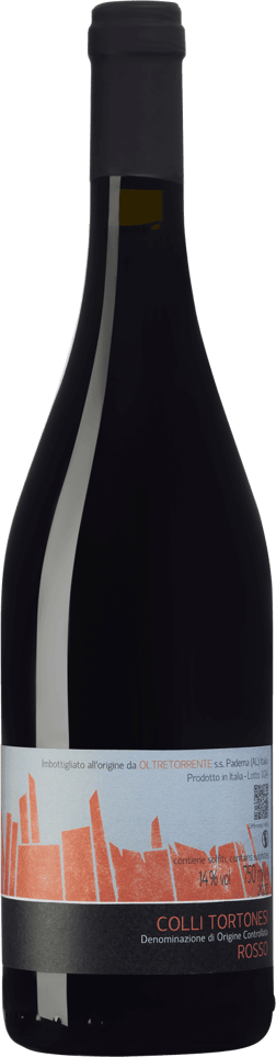 En glasflaska med Oltretorrente Colli Tortonesi Rosso 2022, ett rött vin från Piemonte i Italien
