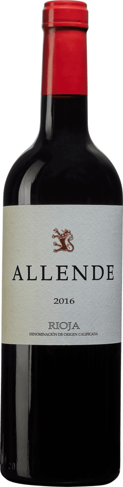 En glasflaska med Allende Finca Allende 2018, ett rött vin från Rioja i Spanien
