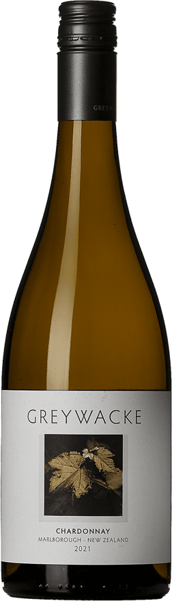 En glasflaska med Greywacke Chardonnay 2021, ett vitt vin från Marlborough i Nya Zeeland