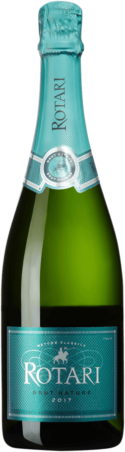 En glasflaska med Rotari Brut Nature 2018, en mousserande från Trentino-Alto Adige i Italien