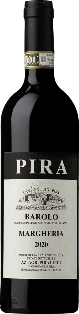 En glasflaska med Luigi Pira Barolo Margheria 2020, ett rött vin från Piemonte i Italien