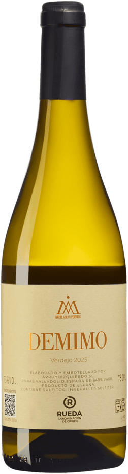 En lättare glasflaska med Demimo Verdejo 2023, ett vitt vin från Kastilien-León i Spanien