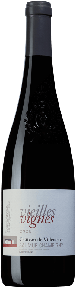En glasflaska med Château de Villeneuve Saumur-Champigny Vieilles Vignes 2020, ett rött vin från Loiredalen i Frankrike