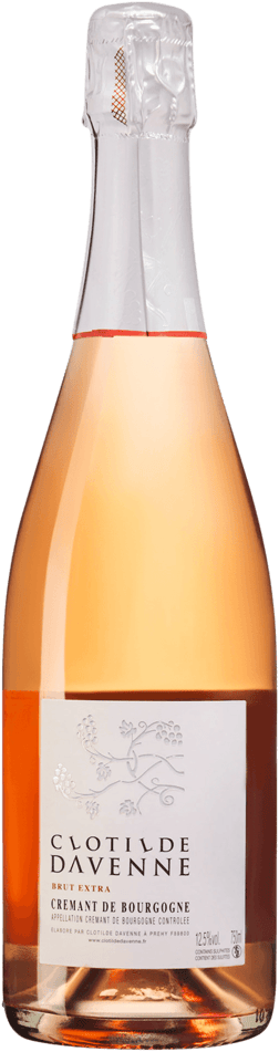 En glasflaska med Clotilde Davenne Crémant de Bourgogne Rosé 2022, en mousserande från Bourgogne i Frankrike