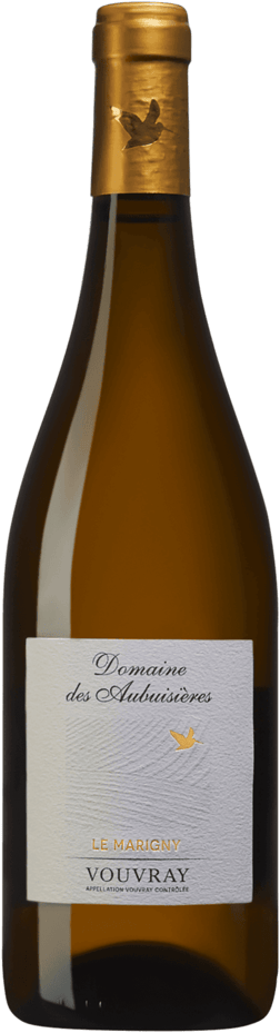 En glasflaska med Domaine des Aubuisières Le Marigny 2023, ett vitt vin från Loiredalen i Frankrike