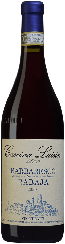 En glasflaska med Cascina Luisin Barbaresco Rabajà 2020, ett rött vin från Piemonte i Italien