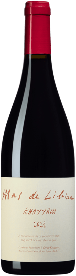 En glasflaska med Mas de Libian Khayyâm 2023, ett rött vin från Rhonedalen i Frankrike