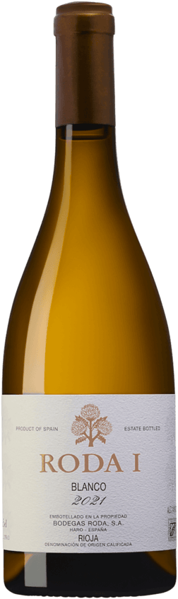 En glasflaska med Roda I Blanco 2021, ett vitt vin från Rioja i Spanien