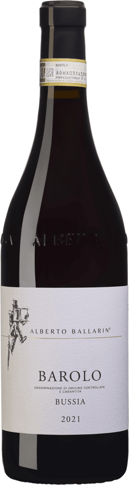 En lättare glasflaska med Alberto Ballarin Barolo Bussia 2021, ett rött vin från Piemonte i Italien