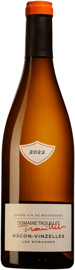 En glasflaska med Domaine Trouillet Mâcon-Vinzelles Les Morandes 2023, ett vitt vin från Bourgogne i Frankrike