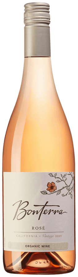 En lättare glasflaska med Bonterra rosé 2023, en rosévin från Kalifornien i USA
