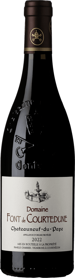 En glasflaska med Domaine Font de Courtedune Châteauneuf-du-Pape 2022, ett rött vin från Rhonedalen i Frankrike