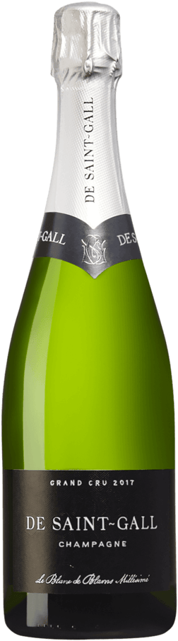 En glasflaska med De Saint-Gall Blanc de Blancs Grand Cru Brut 2017, ett champagne från Champagne i Frankrike