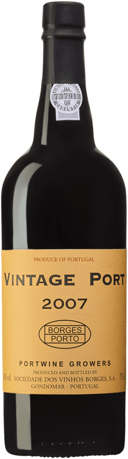 En glasflaska med Vinhos Borges Vintage Port 2007, en starkvin från Douro i Portugal