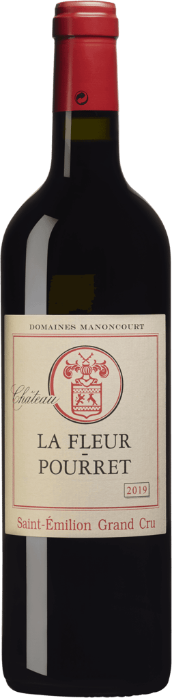 En glasflaska med Château Fleur Pourret 2019, ett rött vin från Bordeaux i Frankrike