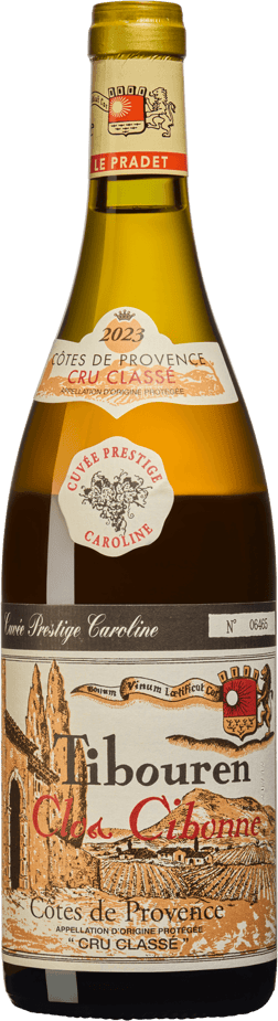 En glasflaska med Clos Cibonne Cuvée Caroline 2023, en rosévin från Provence i Frankrike