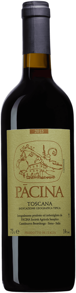 En lättare glasflaska med Pãcina 2015, ett rött vin från Toscana i Italien
