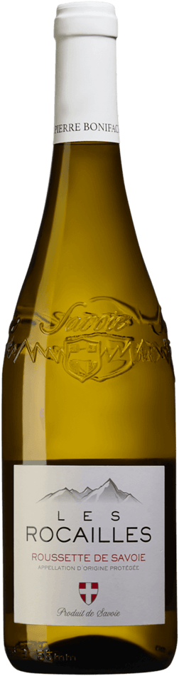 En lättare glasflaska med Les Rocailles Roussette de Savoie 2022, ett vitt vin från Savoie i Frankrike