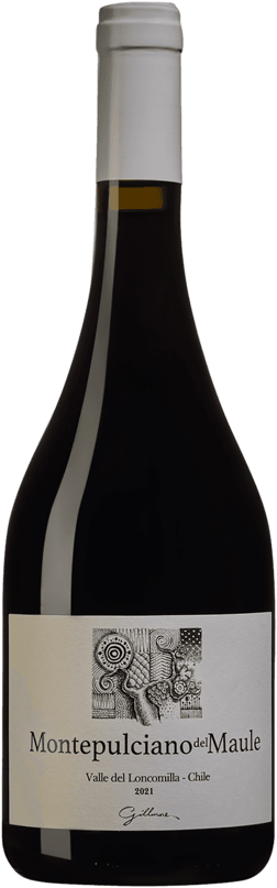 En glasflaska med Gillmore Montepulciano del Maule 2021, ett rött vin från Valle Central i Chile