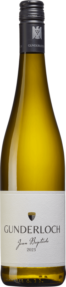 En lättare glasflaska med Gunderloch Jean Baptiste Riesling Kabinett 2023, ett vitt vin från Rheinhessen i Tyskland