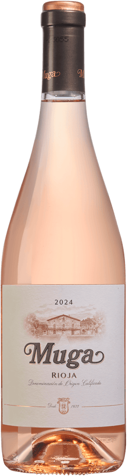 En glasflaska med Muga 2023, en rosévin från Rioja i Spanien