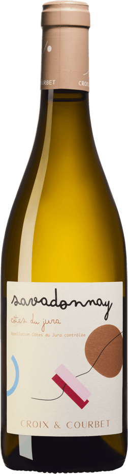 En glasflaska med Croix & Courbet Côtes du Jura Savadonnay 2022, ett vitt vin från Jura i Frankrike