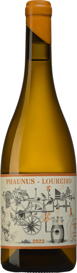 En glasflaska med Adega Aphros Phaunus Loureiro 2022, ett vitt vin från Portugal