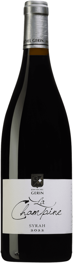 En glasflaska med Domaine Jean-Michel Gerin La Champine Syrah 2022, ett rött vin från Rhonedalen i Frankrike