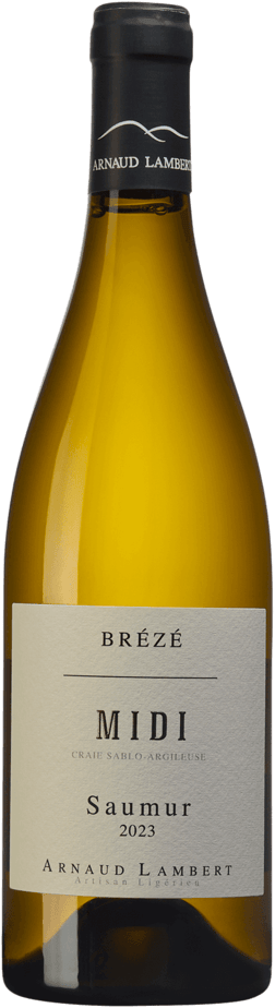 En glasflaska med Arnaud Lambert Saumur Blanc Brézé Midi 2023, ett vitt vin från Loiredalen i Frankrike