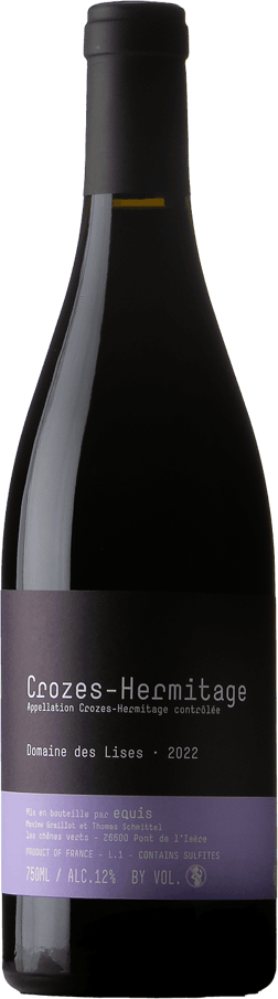 En glasflaska med Domaine des Lises Crozes-Hermitage 2022, ett rött vin från Rhonedalen i Frankrike