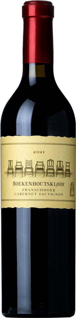 En glasflaska med Boekenhoutskloof Franschhoek Cabernet Sauvignon 2021, ett rött vin från Western Cape i Sydafrika