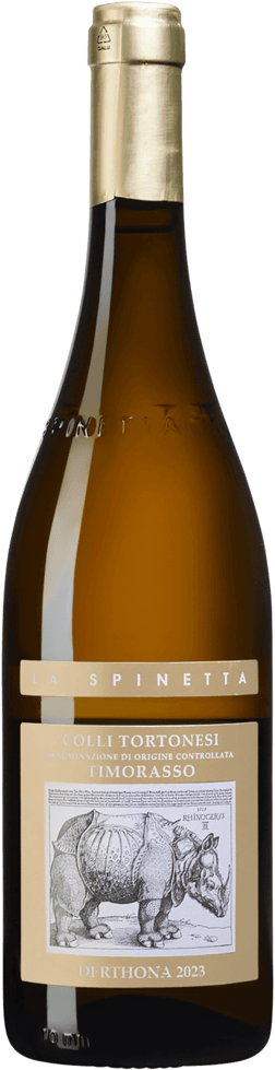 En glasflaska med La Spinetta Timorasso 2023, ett vitt vin från Piemonte i Italien