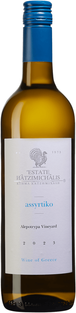 En lättare glasflaska med Hatzimichalis Estate Assyrtiko Alepotrypa Vineyard 2023, ett vitt vin från Central Greece i Grekland