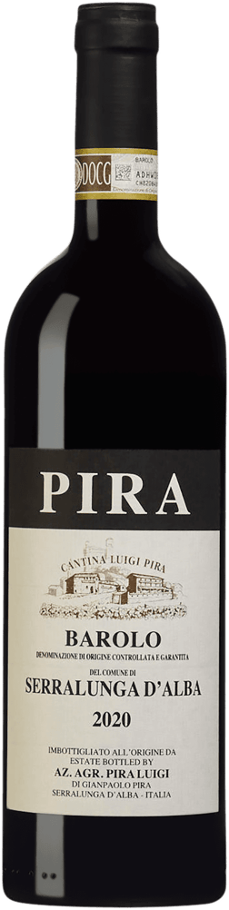En glasflaska med Luigi Pira Barolo di Serralunga 2020, ett rött vin från Piemonte i Italien