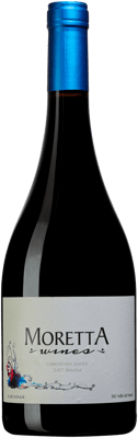 En glasflaska med Moretta Wines Carigno del Maule, ett rött vin från Valle Central i Chile