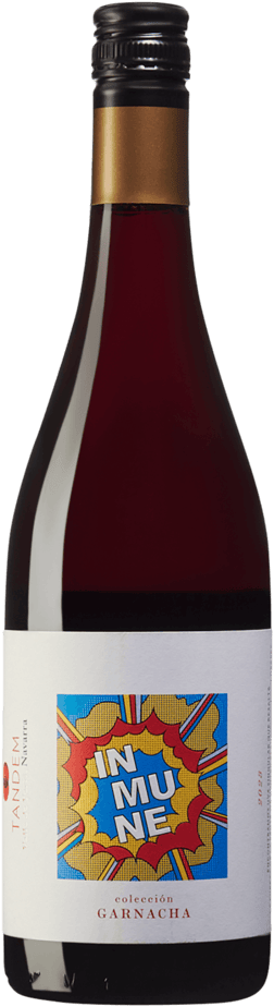 En lättare glasflaska med Bodegas Tandem Inmune Colección Garnacha 2023, ett rött vin från Navarra i Spanien