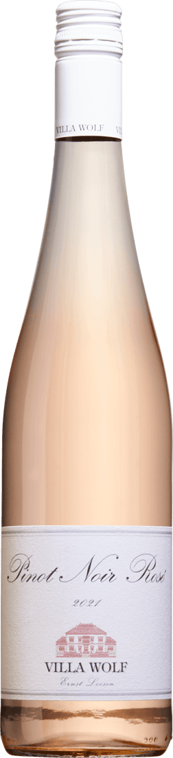 En lättare glasflaska med Villa Wolf Pinot Noir Rosé 2023, en rosévin från Pfalz i Tyskland