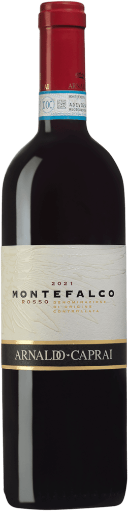 En lättare glasflaska med Arnaldo Caprai Montefalco Rosso 2021, ett rött vin från Umbrien i Italien
