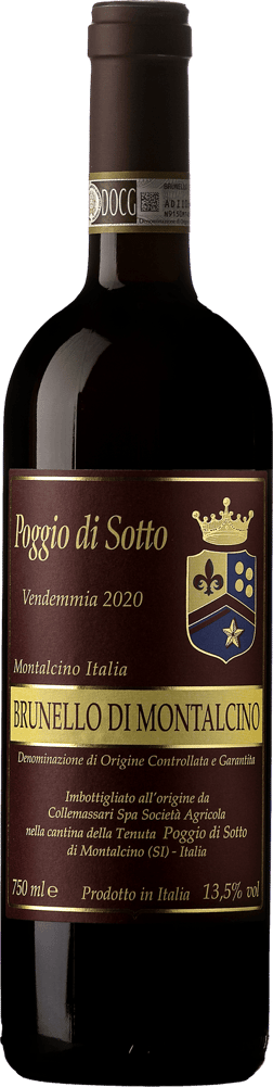 En glasflaska med ColleMassari Poggio di sotto Brunello di Montalcino 2020, ett rött vin från Toscana i Italien