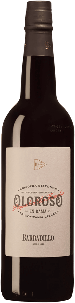 En lättare glasflaska med Barbadillo Criadera Selection Oloroso en Rama, en starkvin från Andalusien i Spanien